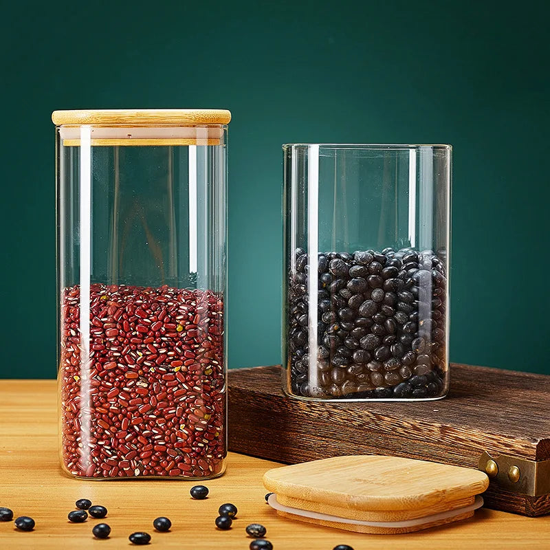 Square Glass Storage Jars with Bamboo Lid: Kitchen Food Organizers