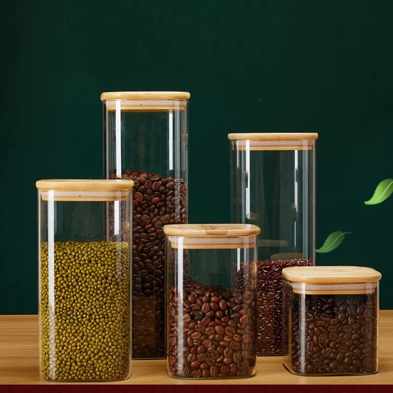 Square Glass Storage Jars with Bamboo Lid: Kitchen Food Organizers